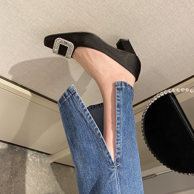 Crape Myrtle Women’s Square Toe High Heel Shoes 2023 Spring New Rhinestone Chunky Heel Slip On Dress Shoes