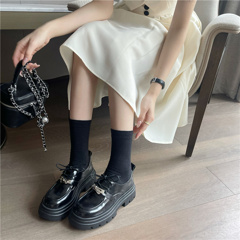 2024 Spring New Style Lock Buckle Round Toe Platform Thick Sole Genuine Leather Women’s Loafer Lace-up Flat Shoes