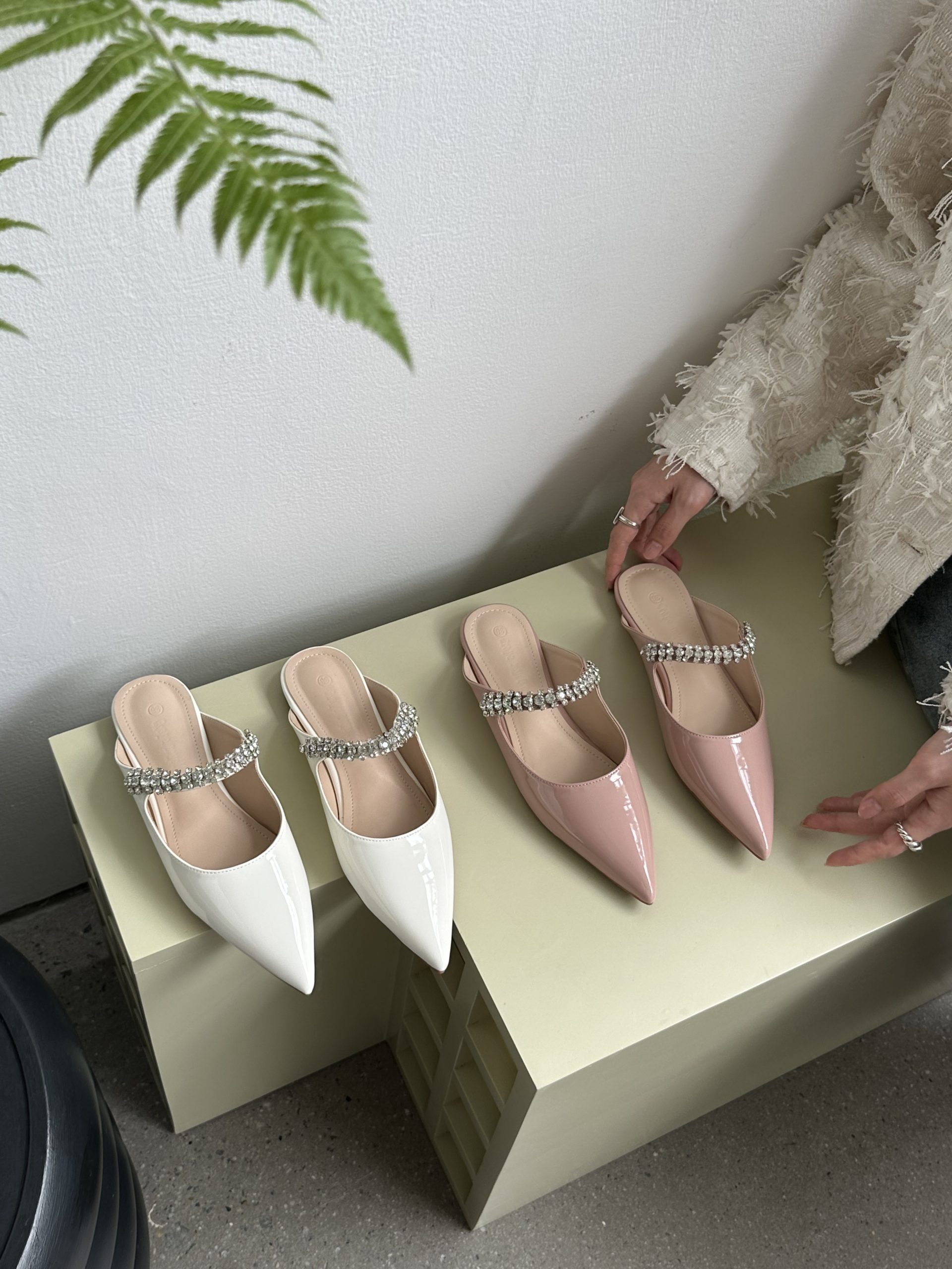 Crape Myrtle French Mary Jane Flat Shoes for Women Summer New Pointed Toe Rhinestone Backless Slippers