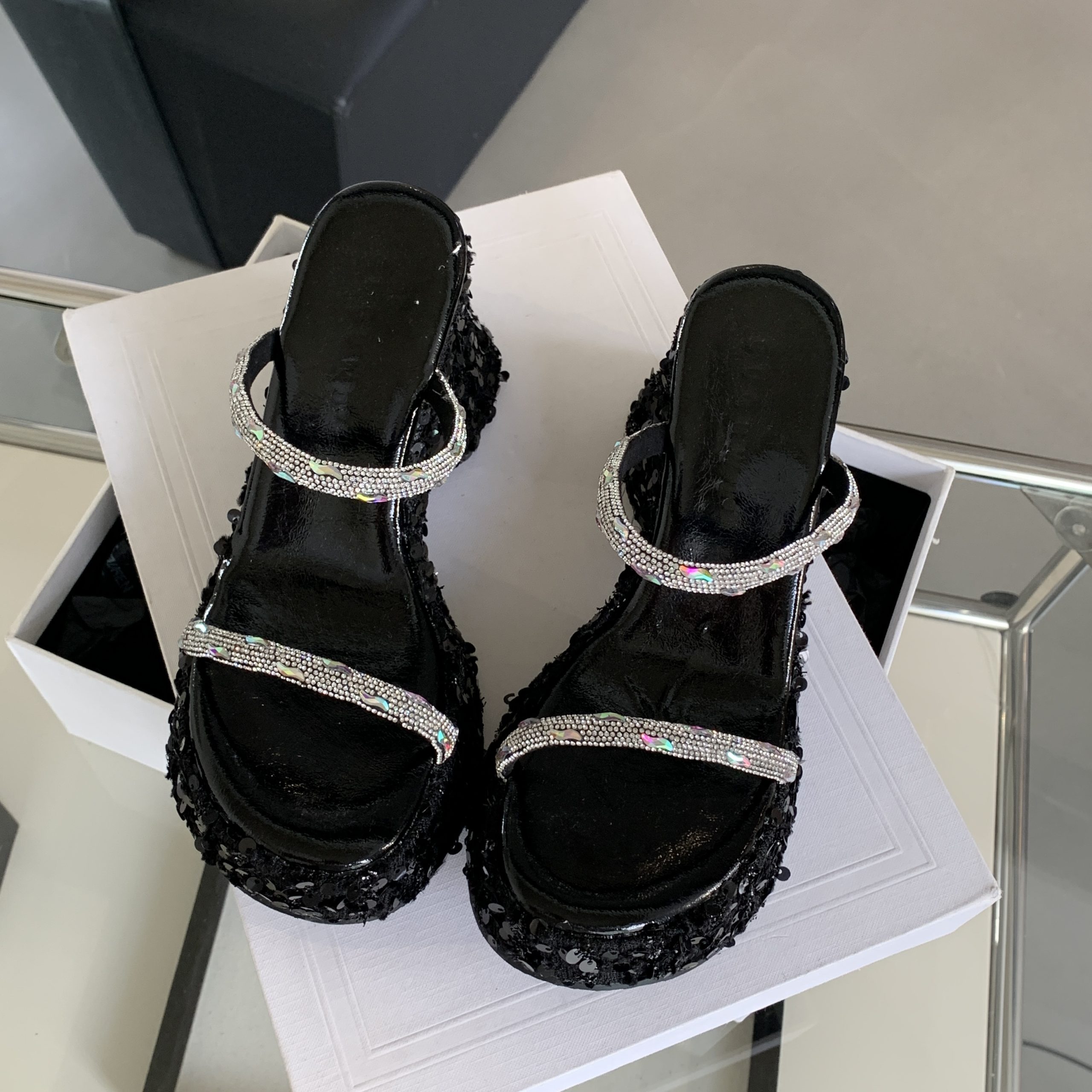 GUGUWU Women's Platform Wedge Slippers 2026 New Summer Glitter Transparent Toe Strap High Heel Sandals - Image 5