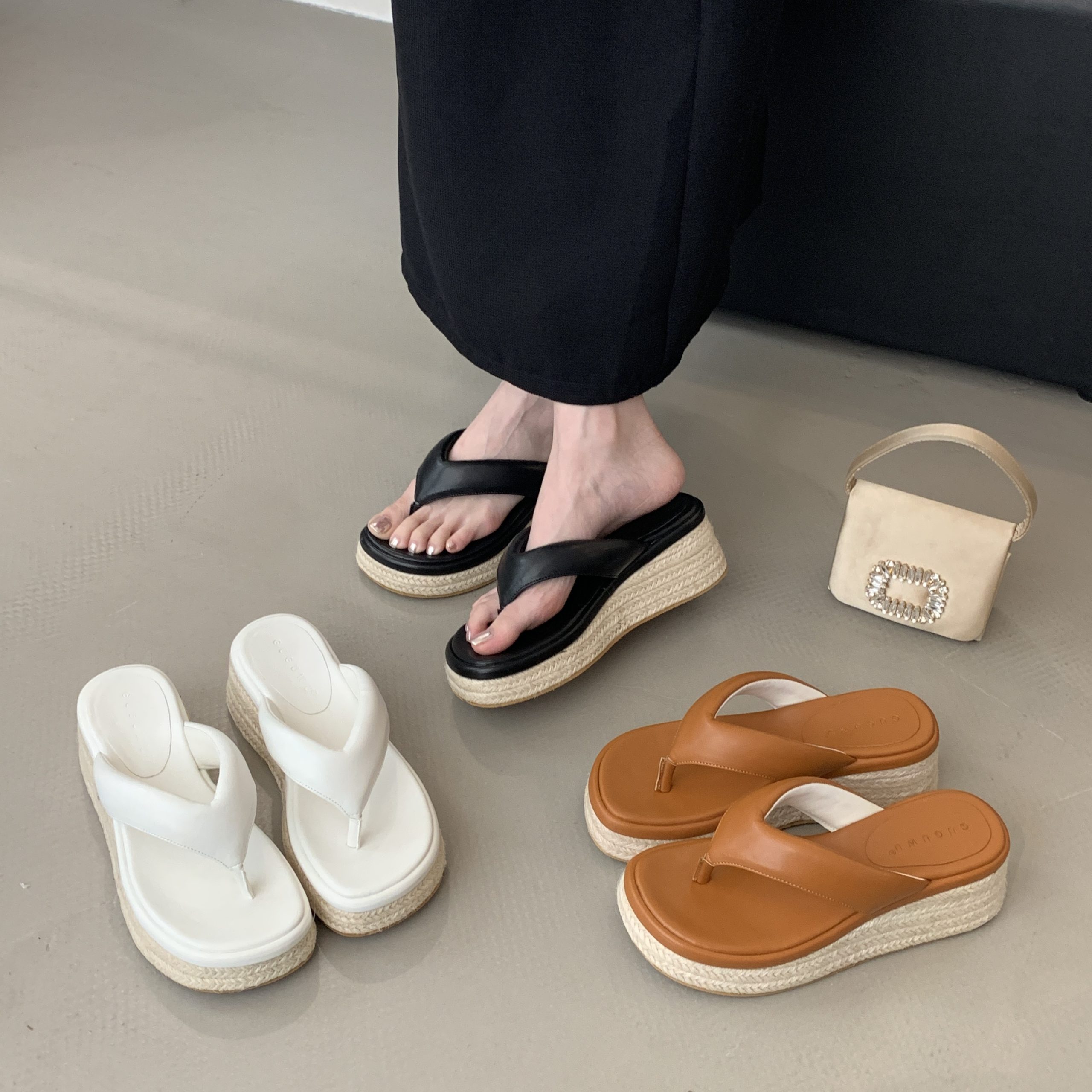 French Boho Beach Sandals Women’s Woven Straw Wedge Flip Flops Summer Slippers
