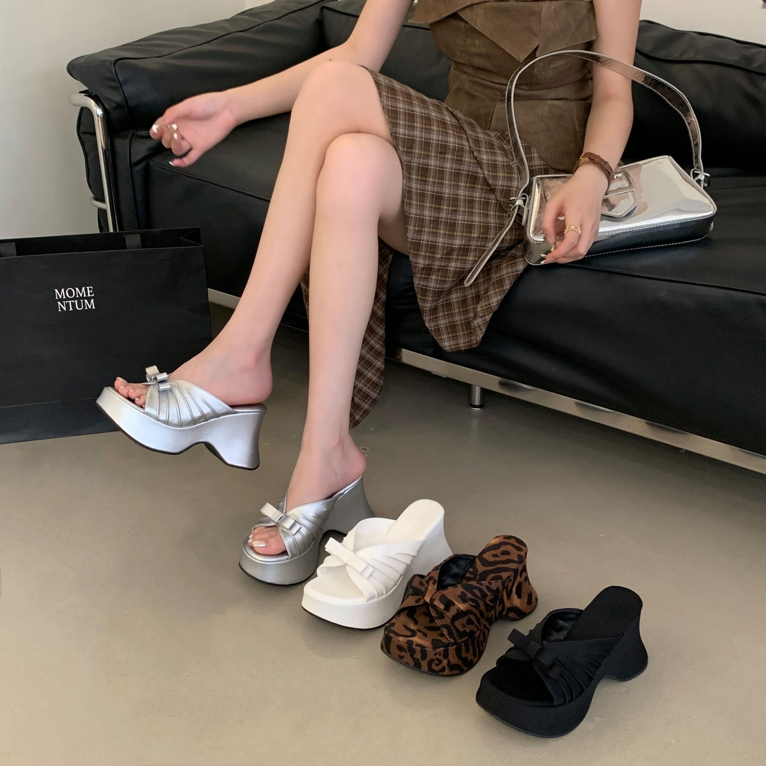 Women’s Summer Platform Slippers with Bow Wedge Heel 2026 New Style Black White Silver Leopard Print