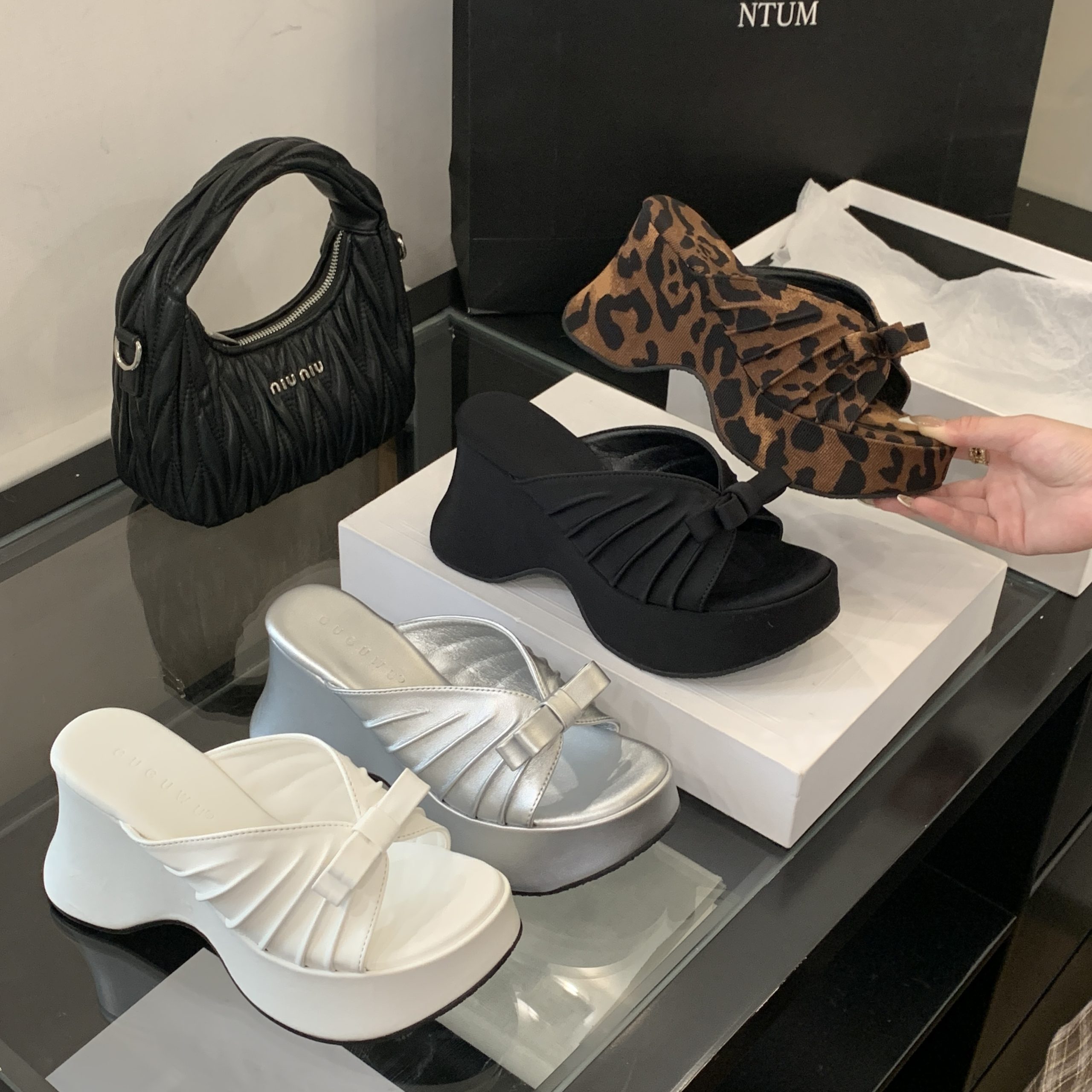Women's Summer Platform Slippers with Bow Wedge Heel 2026 New Style Black White Silver Leopard Print - Image 2