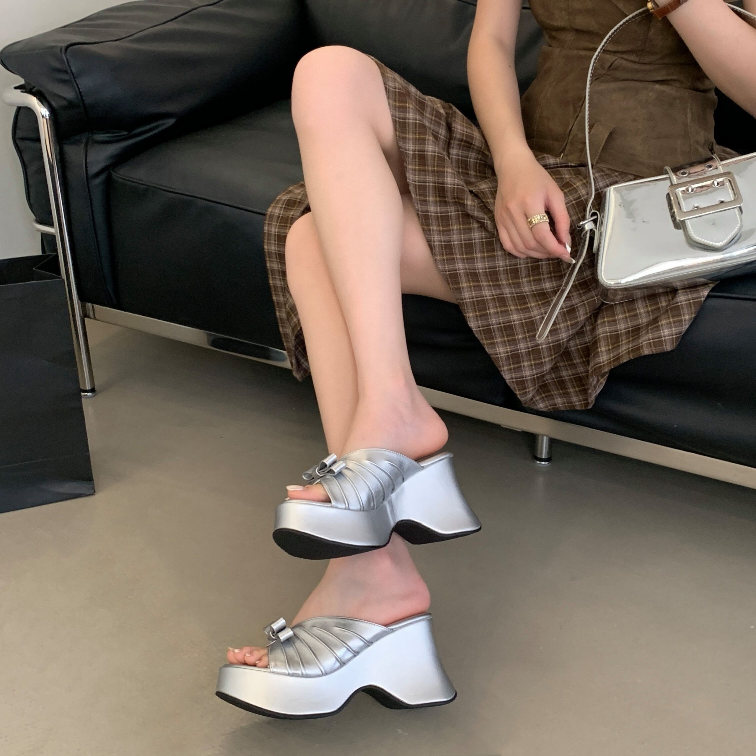 Women's Summer Platform Slippers with Bow Wedge Heel 2026 New Style Black White Silver Leopard Print - Image 3
