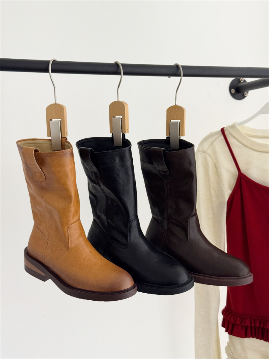 2026 Winter New French Style Round Toe Chunky Heel Pull-On Mid-Calf Boots for Women Commuter Knight Boots